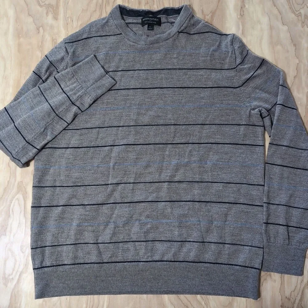 Banana Republic Sweater Mens Large 100% Merino Wool Striped Pullover Brown Taupe
